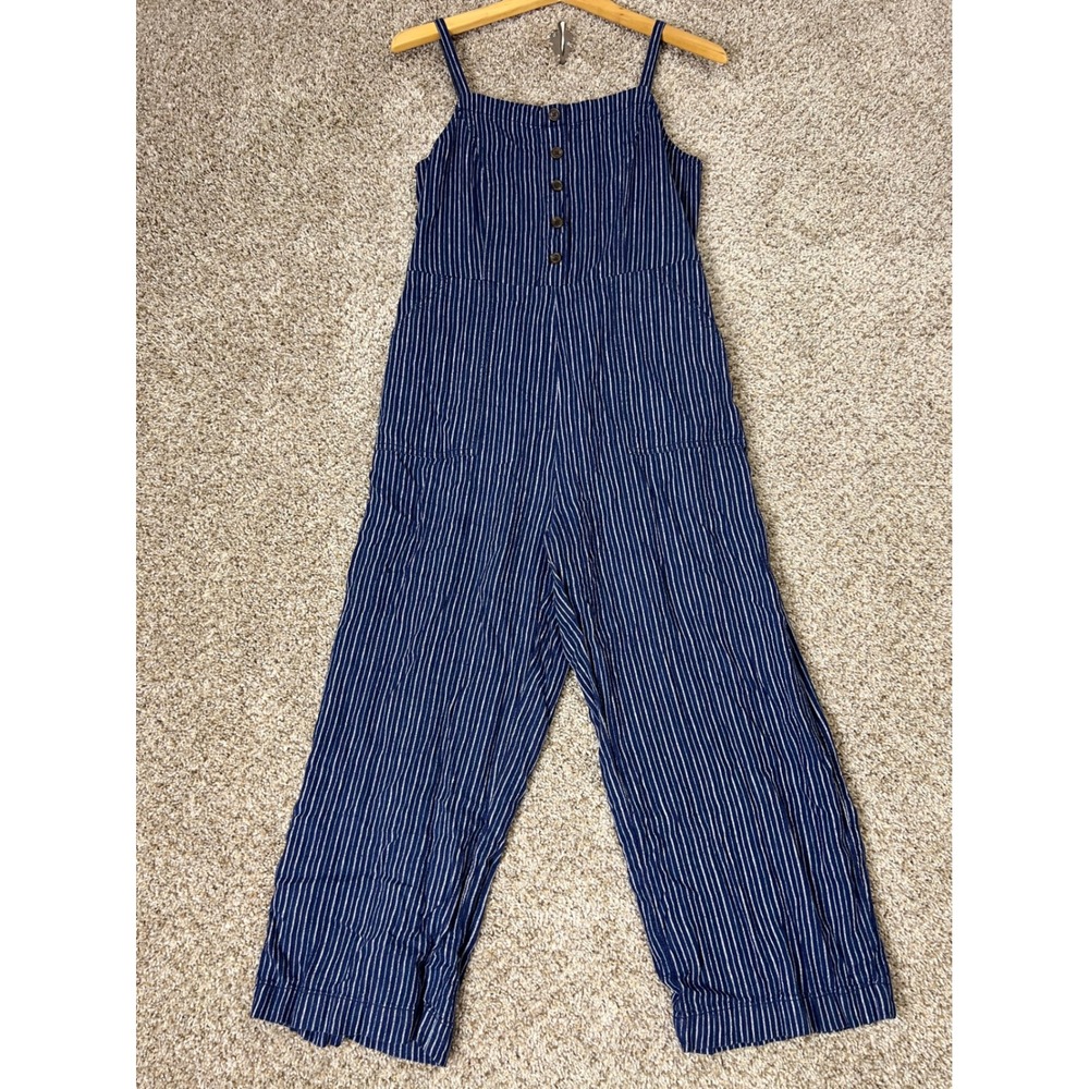 Old Navy Womens Blue Pinstripe Linen Blend Button Front Wide Leg Jumpsuit Size M